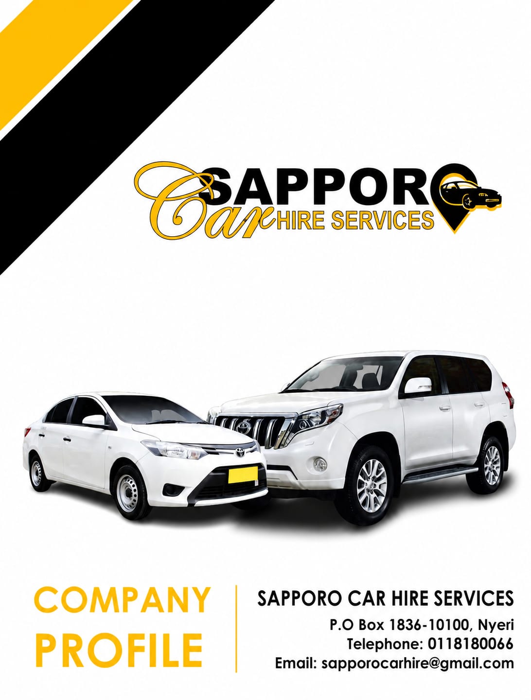 Sapporo Car Hire Services company profile poster with Toyota Vios and Land Cruiser Prado, Nyeri contact details